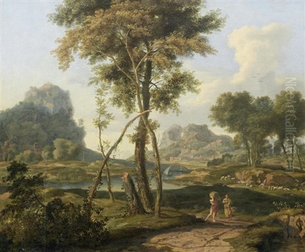 An Arcadian River Landscape With Travellers On A Path Oil Painting by Albert Meyeringh