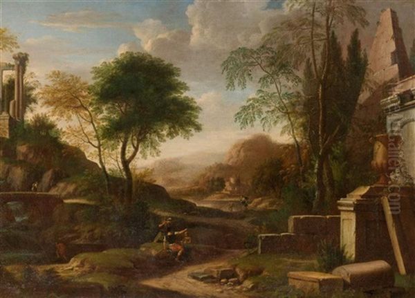 Broad Wooded Landscape With River And Figures Near Some Ancient Ruins Oil Painting by Albert Meyeringh