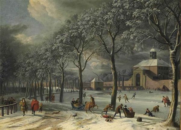 A Winter Scene Of The Weesper Poort, Amsterdam, With Townsfolk In A Park And A Frozen Canal With Skaters And Kolf Players Oil Painting by Albert Meyeringh