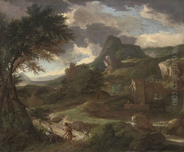 A Mountainous Wooded Landscape With A Shepherd And A Shepherdess On A Track, A Mill Beyond by Albert Meyeringh