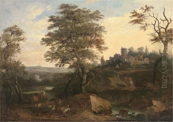 A Wooded Landscape With Travellers By A River, A Villa Beyond Oil Painting by Albert Meyeringh