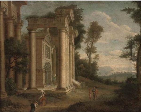 A Landscape With Figures By Classical Ruins And A Fountain by Albert Meyeringh