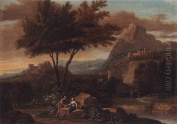 An Italianate River Landscape With A Man And A Woman Conversing In The Foreground Oil Painting by Albert Meyeringh