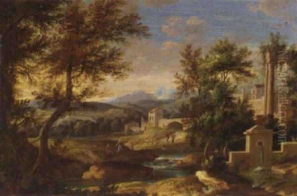 A Classical River Landscape With Figures, A Fountain In The Foreground Oil Painting by Albert Meyeringh