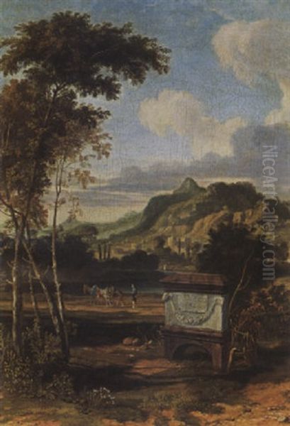 An Arcadian Landscape With A Tomb In The Foreground And A Traveller With His Donkeys Walking Along A River Oil Painting by Albert Meyeringh