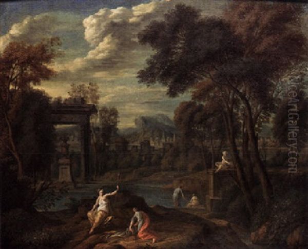 The Goddess Diana Resting During A Hunt, A City Beyond Oil Painting by Albert Meyeringh