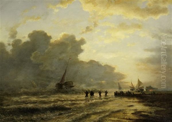 Anlandende Fischerboote Bei Sturmischer See Oil Painting by Wilhelm Emil Meyer-Rodius