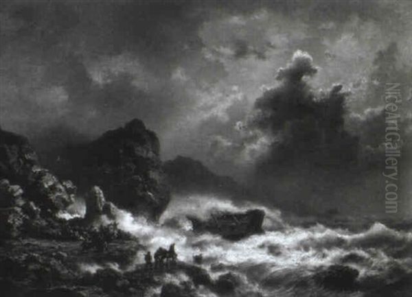 Sturm An Einer Felsenkueste Oil Painting by Wilhelm Emil Meyer-Rodius