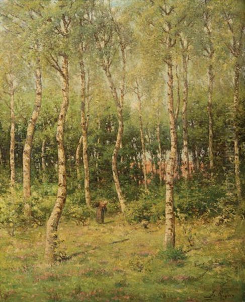 Foret De Bouleaux Animee D'une Ramasseuse De Bois Oil Painting by Isidore Meyers