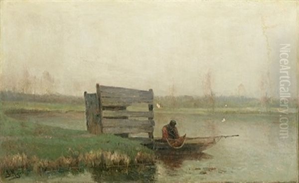 Paysage Brumeux Avec Pecheur Dans Une Barque Oil Painting by Isidore Meyers