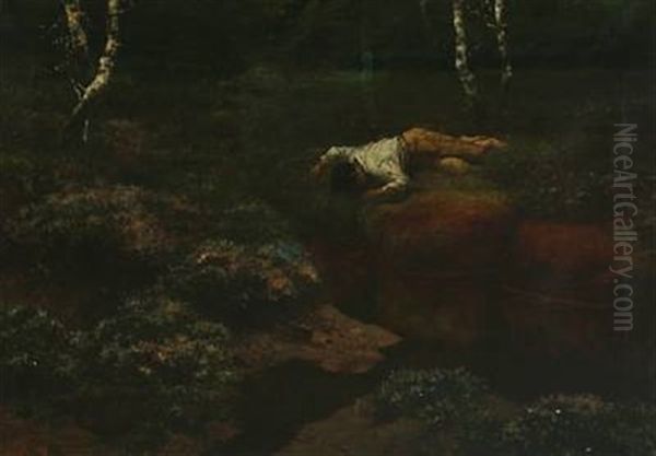 A Boy By A Creek In A Forest Oil Painting by Kunz Meyer-Waldeck