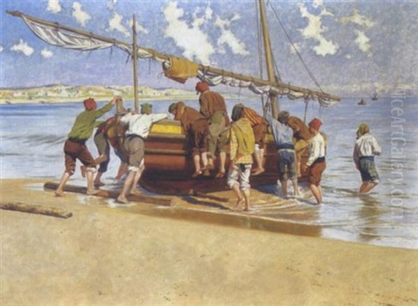 Fischerknaben Bei Einem Boot Oil Painting by Kunz Meyer-Waldeck