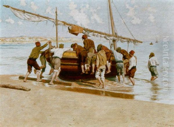 Fisherboys By A Boat Oil Painting by Kunz Meyer-Waldeck