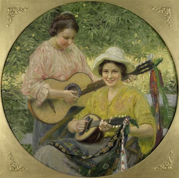 Sonnige Jugend - Franka Und Jutta Sabine In Globsow, Mit Mandoline Und Guitarre Oil Painting by Georg Ludwig Meyn