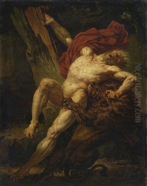 Milo Of Croton Attacked By A Lion Oil Painting by Charles Meynier