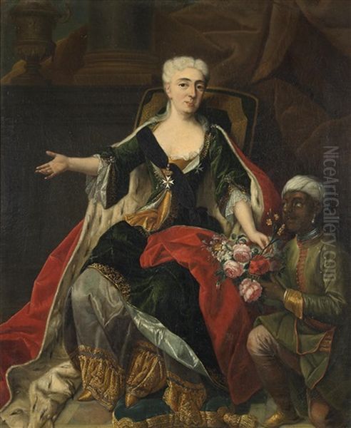 A Portrait Of A Noblewoman, Full Length, Seated, With A Blackamoor Kneeling Beside Her Holding A Basket Of Flowers, Thought To Be Elisabeth Christine De Brunswick-wolfenbuttel Oil Painting by Martin van Meytens the Younger