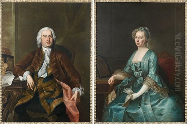 Portrait D'un Architecte (+ Portrait De Femme A La Robe Bleue Et A L'eventail; Pair) Oil Painting by Martin van Meytens the Younger