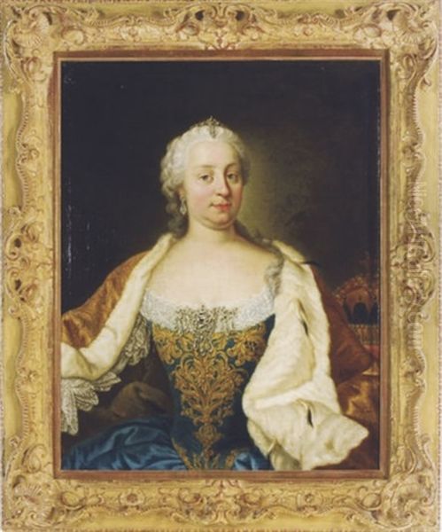 Portrait Of Maria Theresa, Archduchess Of Austria Wearing A Blue Satin Dress With An Ermine Cloak Oil Painting by Martin van Meytens the Younger