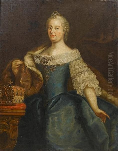 Portrait Of Empress Maria Theresa Standing In A Blue Dress With An Ermine-lined Wrap, Beside A Table With Two Crowns Oil Painting by Martin van Meytens the Younger