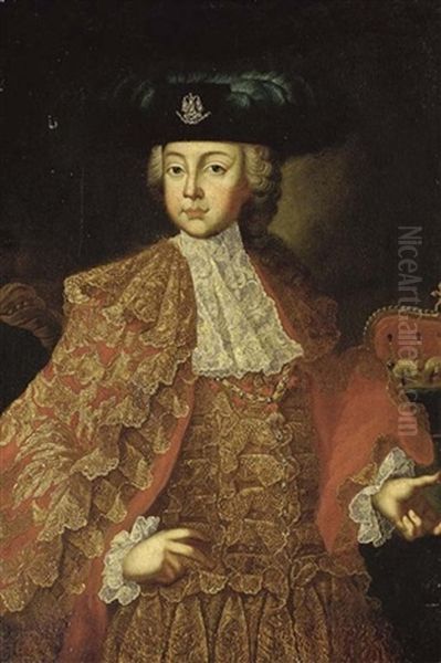 Portrait Of A Boy In A Red Embroidered Coat And Waistcoat, With A Lace Cravat And Cuffs And The Order Of The Golden Fleece, A Crown On A Ledge Beyond Oil Painting by Martin van Meytens the Younger