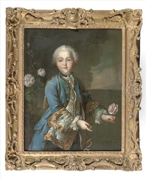 Portrait Of A Boy In A White Chemise With Lace Collar And Cuffs, A Silver And Gold Embroidered Vest, A Blue Jacket And Wig, Standing On A Balcony With A Pink Rose In His Left Hand Oil Painting by Martin van Meytens the Younger