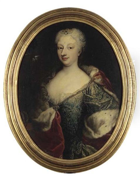 Portrait Of Polissena D'assia, Queen Of Sardinia, In A Blue Dress Embroidered With Silver Thread And Trimmed With Lace And A Red Velvet Shawl With Ermine Trimmings Oil Painting by Martin van Meytens the Younger