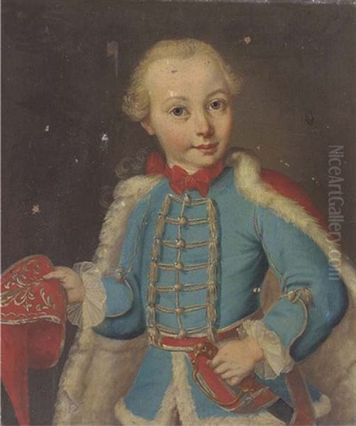 Portrait Of A Boy, Half-length, In A Blue Uniform And A Red Fur-lined Cape Oil Painting by Martin van Meytens the Younger