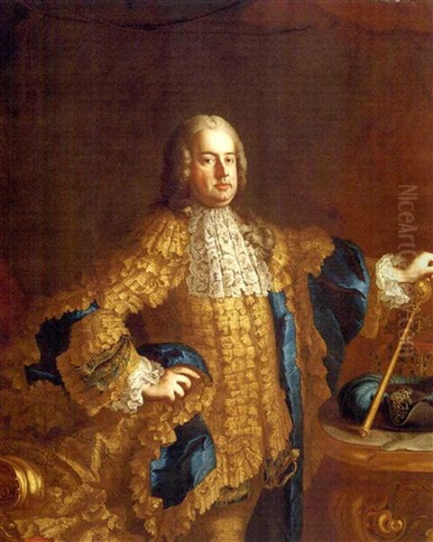 Portrait Of The Emperor Francis I In A Gold-embroidered Suit, His Sceptre In His Left Hand Balanced On A Table With The Crown Beside Him Oil Painting by Martin van Meytens the Younger