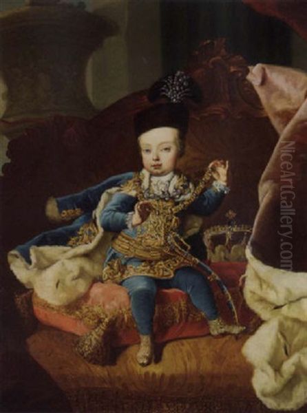 Portrait Of Archduke Joseph, Later Emperor Joseph Ii Of Austria, Seated On A Pink Cushion, In Gold Embroidered Brocade Blue Jacket Oil Painting by Martin van Meytens the Younger