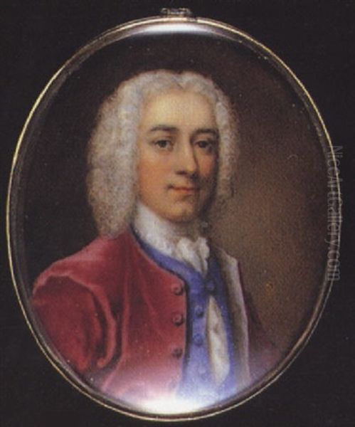 A Gentleman Wearing Powdered Wig, White Lined Crimson Coat, Blue Waistcoat And White Lace Cravat Oil Painting by Martin van Meytens the Younger