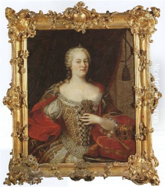 Portrait Of Empress Maria Teresa Of Austria, In A Pearl Encustred Dress And Red Shawl Beside A Crown And Sceptre Oil Painting by Martin van Meytens the Younger