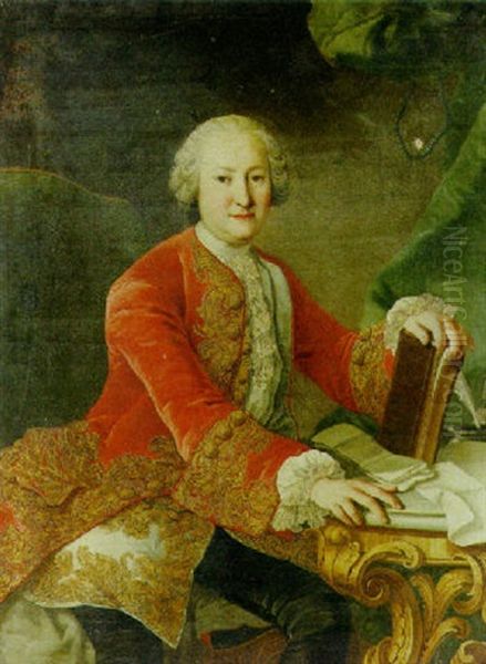 Portrait Of A Gentleman Wearing A Red Jacket And A White Waistcoat And Cravat Beside A Marble Table, His Hand Resting On A Book Oil Painting by Martin van Meytens the Younger