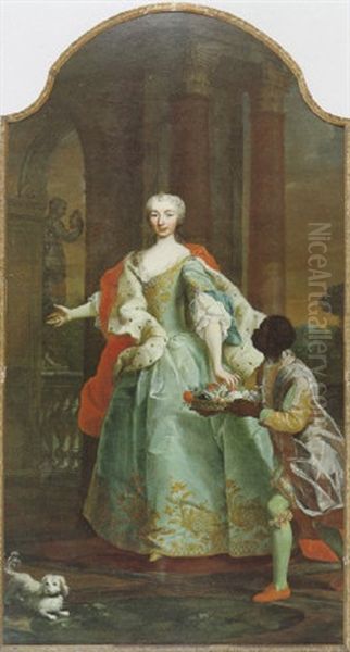 Ganzfigurenbildnis Der Furstin Elisabeth Esterhazy De Galantha Mit Einem Mohrenknaben, Der Ihr Einen Blumenkorb Reicht Und Einem Hundchen Oil Painting by Martin van Meytens the Younger