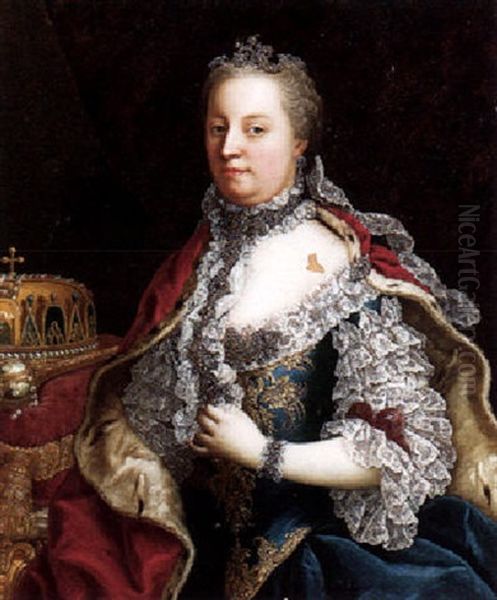 Portrait Of Empress Maria Theresia Of Austria Wearing A Lace-trimmed And Gold Braided Blue Dress Oil Painting by Martin van Meytens the Younger