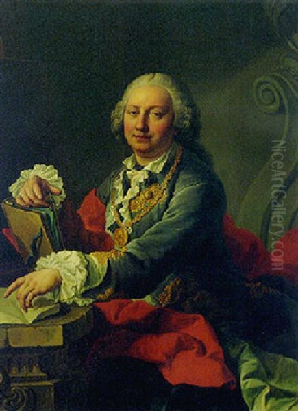 Portrait Of The Artist Wearing A Medal Of Frederick, King Of Sweden, With A Folio Resting On A Stone Pedestal Oil Painting by Martin van Meytens the Younger