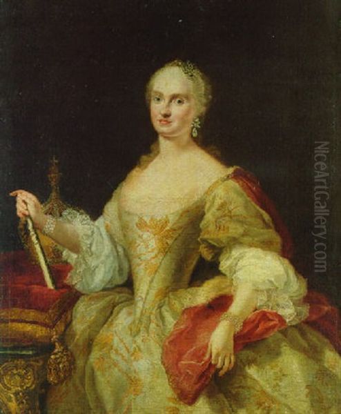 Portrait Of A Lady, Three-quarter-length, In A White Brocade Dress, Holding A Fan, A Crown Beside Her Oil Painting by Martin van Meytens the Younger