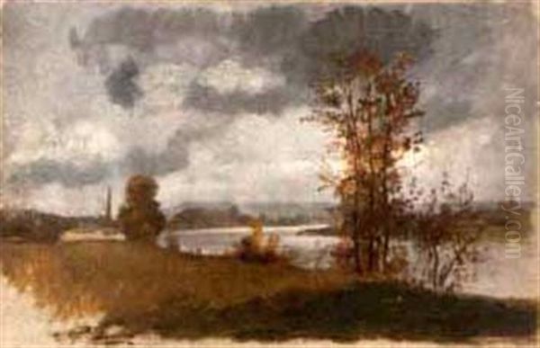 Riverscape Before A Storm Oil Painting by Joseph Mezzara