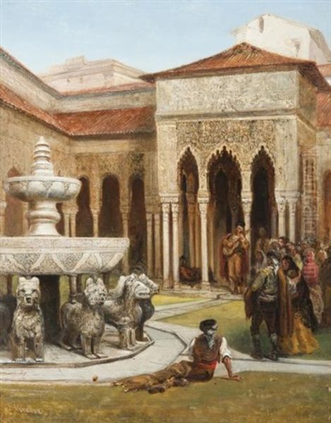 Concert Devant La Fontaine De La Cour Des Lions, Alhambra (grenade) Oil Painting by Pierre Toussaint Frederic Mialhe