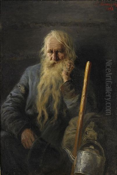 Portrait Of A Bearded Peasant With A Staff And A Tin Kettle Oil Painting by Grigori Grigorievich Miasoyedov