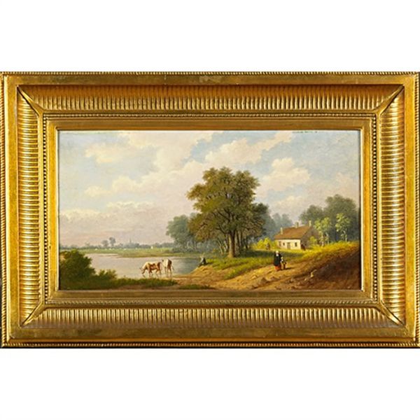 With Figures And Cattle By Water (newcomb Macklin Frame) Oil Painting by Max Michael