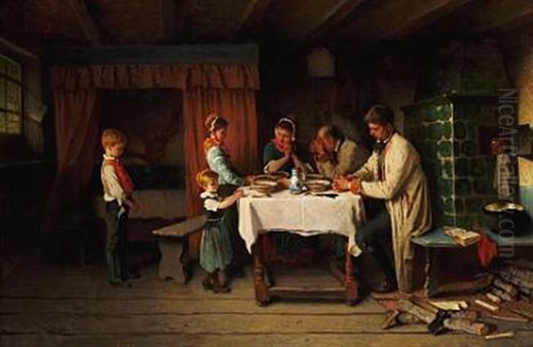 The Grace. Schwabian Farmers At Their Dinner Oil Painting by Max Michael