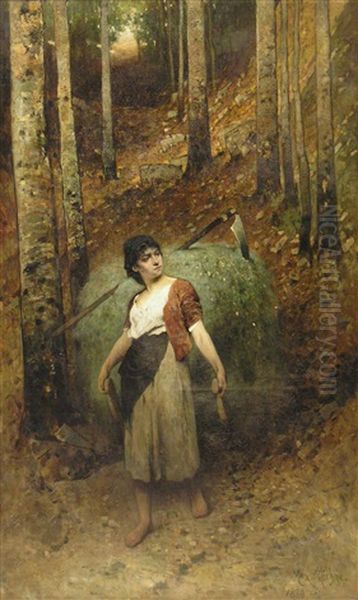 Junge Italienerin Mit Karren Voll Gras Und Sense In Einem Waldweg Oil Painting by Max Michael