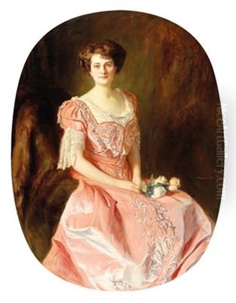 Portrait Of A Lady In A Pink Dress Oil Painting by Oskar Michaelis