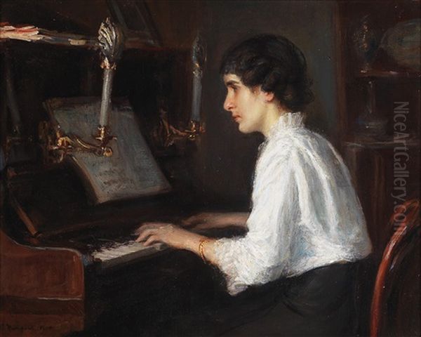 Woman Playing A Piano Oil Painting by Oskar Michaelis