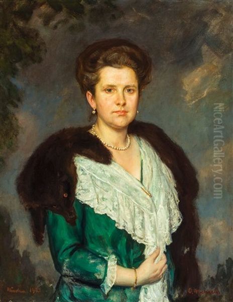 Portrait Der Margarete Moras Im Eleganten Kleid Mit Fuchsstola, Perlenkette Und Ohrschmuck Oil Painting by Oskar Michaelis