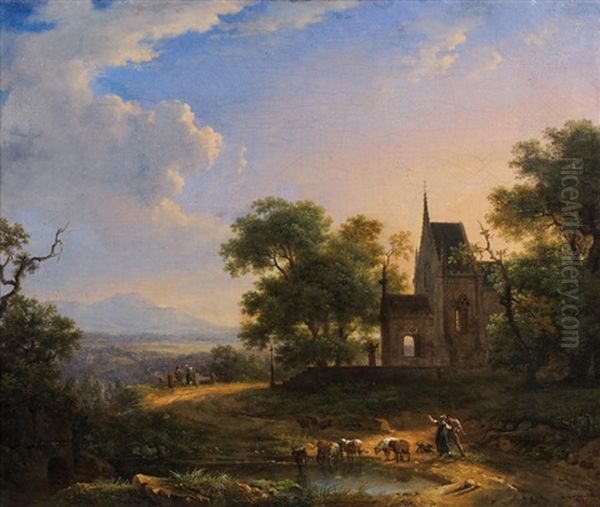 Scene Pastorale Dans Un Paysage Pres D'une Eglise Oil Painting by Achille Etna Michallon