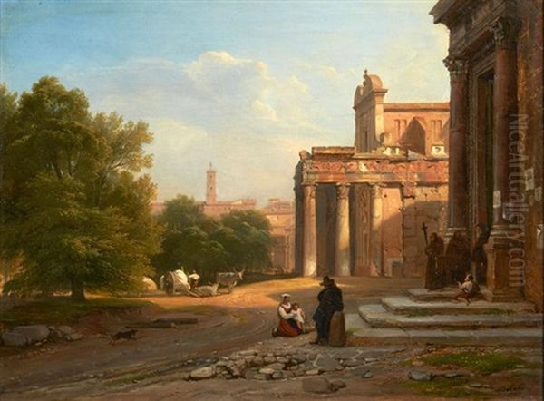 Paysans Pres De La Cascade Delle Marmore A Tivoli, Vue Du Temple D'antonin Et Faustine A Rome (pair) Oil Painting by Achille Etna Michallon