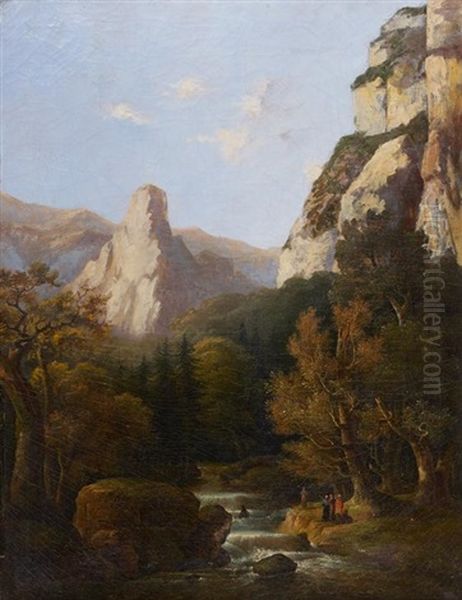 Paysage Montagneux, Avec Des Orientaux Au Bord D'un Torrent Oil Painting by Achille Etna Michallon