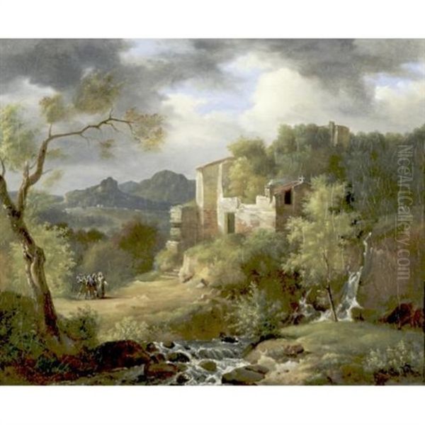 Italianate Landscape With Figures On A Path Near Ruins Oil Painting by Achille Etna Michallon