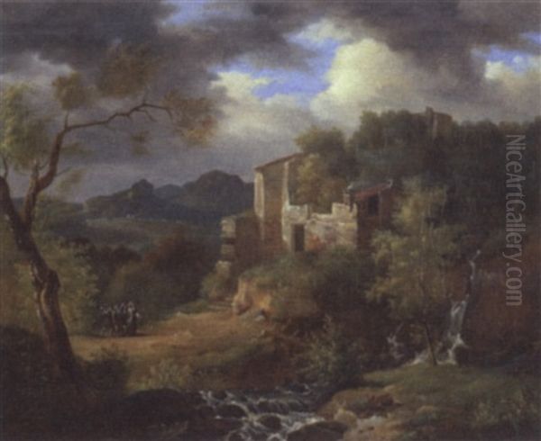 Italianate Landscape With Figures On A Path Near Ruins Oil Painting by Achille Etna Michallon